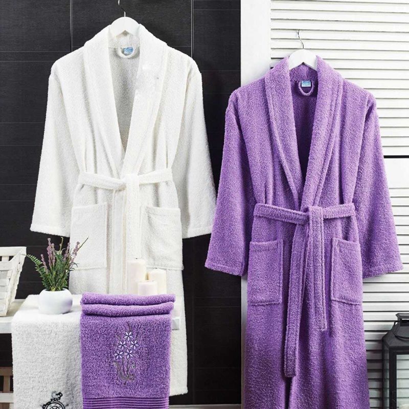 4 Parça Aile Bornoz Seti Kadın Erkek Havlulu Bornoz Takımı 100 Beyaz Lavanta