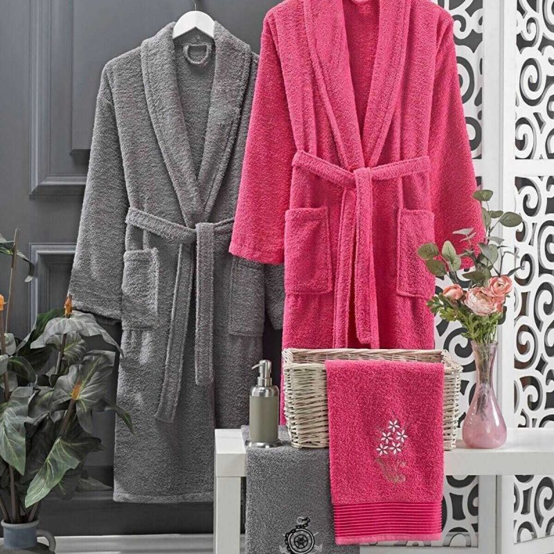4 Parça Aile Bornoz Seti Kadın Erkek Havlulu Bornoz Takımı  Fuşya Gri