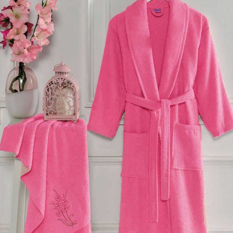 Kadın Havlulu Banyo Bornoz Takımı %100 Pamuklu Fuşya