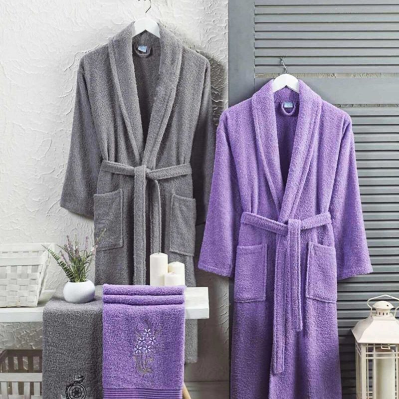 4 Parça Aile Bornoz Seti Kadın Erkek Havlulu Bornoz Takımı Gri Lavanta
