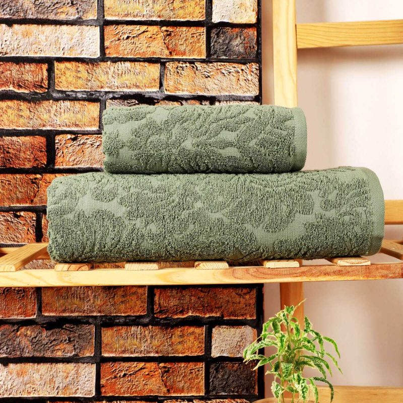 Mira Home 2 Parça Jakarlı Banyo Havlu Takımı Doku Desen Yeşil