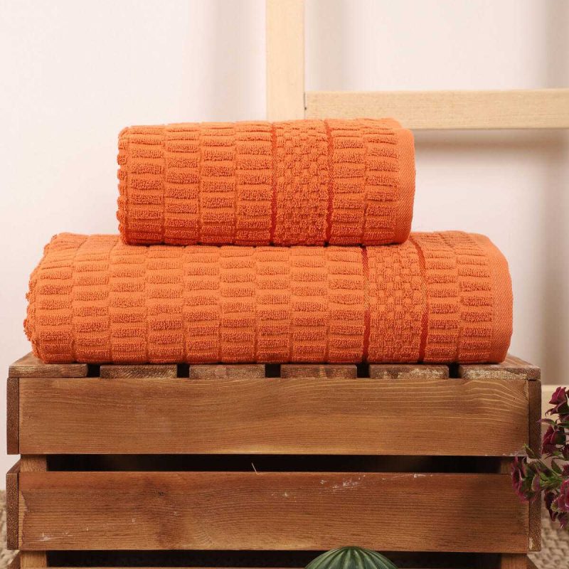 2 Parça Banyo Havlu Takımı %100 Pamuklu Çubuk Desen Turuncu