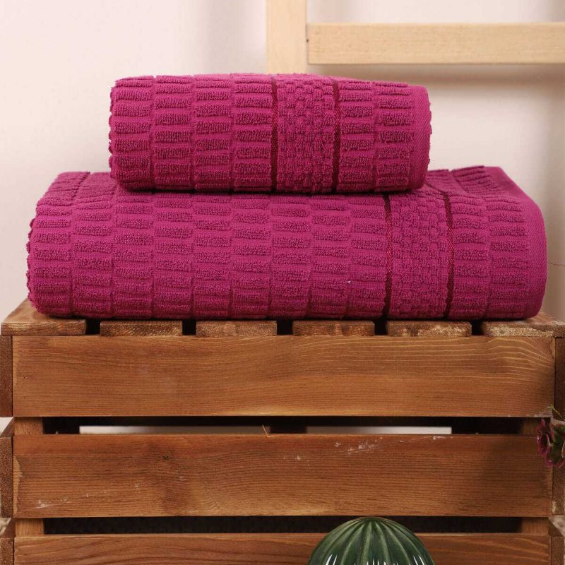 2 Parça Banyo Havlu Takımı %100 Pamuklu Çubuk Desen Vişne