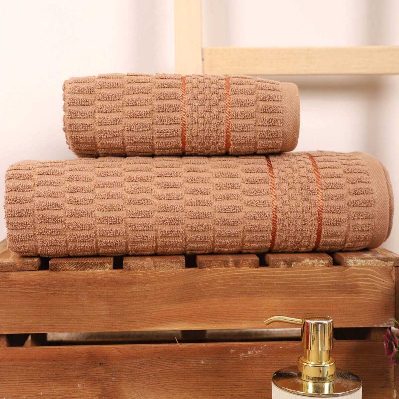 2 Parça Banyo Havlu Takımı %100 Pamuklu Çubuk Desen Kahverengi