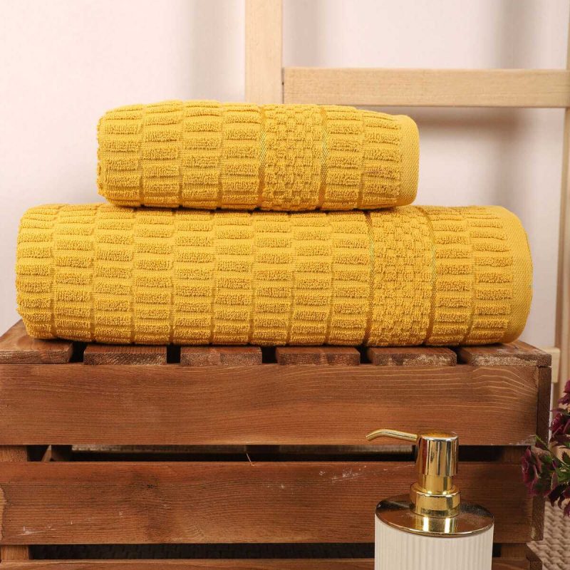 2 Parça Banyo Havlu Takımı %100 Pamuklu Çubuk Desen Sarı