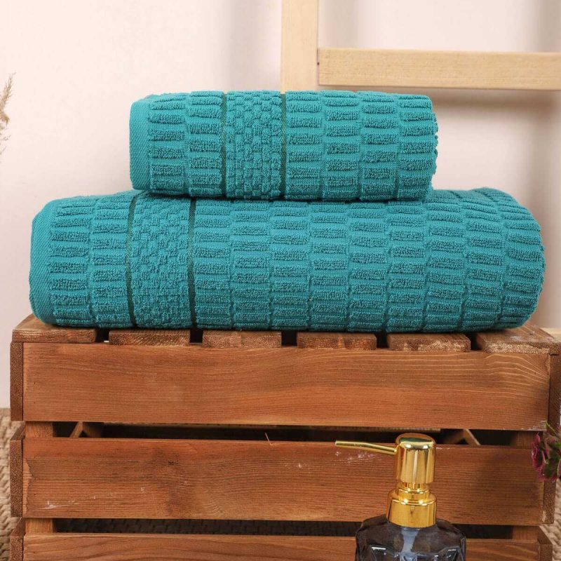 2 Parça Banyo Havlu Takımı %100 Pamuklu Çubuk Desen Yeşil