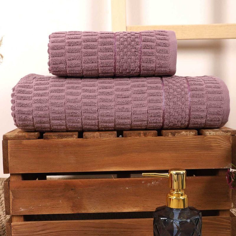 2 Parça Banyo Havlu Takımı %100 Pamuklu Çubuk Desen Mor