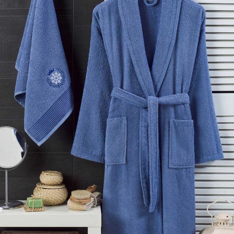 Erkek Havlulu Banyo Bornoz Takımı %100 Pamuklu Lacivert