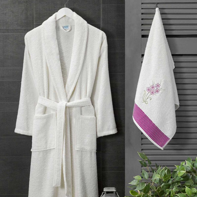 Kadın Havlulu Banyo Bornoz Takımı %100 Pamuklu Beyaz