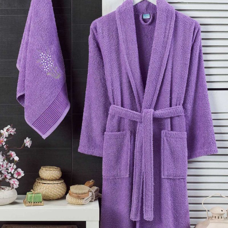 Kadın Havlulu Banyo Bornoz Takımı %100 Pamuklu Lavanta