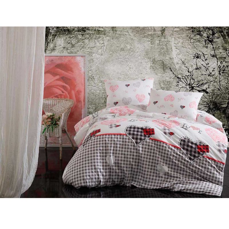 Çift Kişilik Lastikli Çarşaflı Pamuklu Nevresim Takımı Patchwork Love