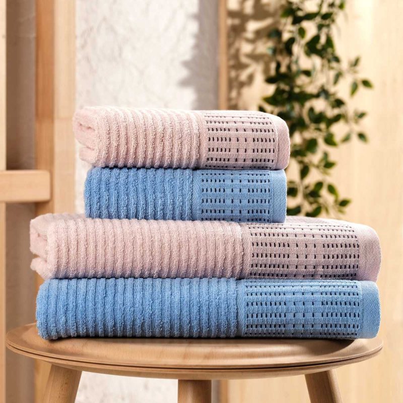 4 Parça Büyük Boy Banyo Havlu Takımı %100 Pamuklu Marena Mavi Pudra