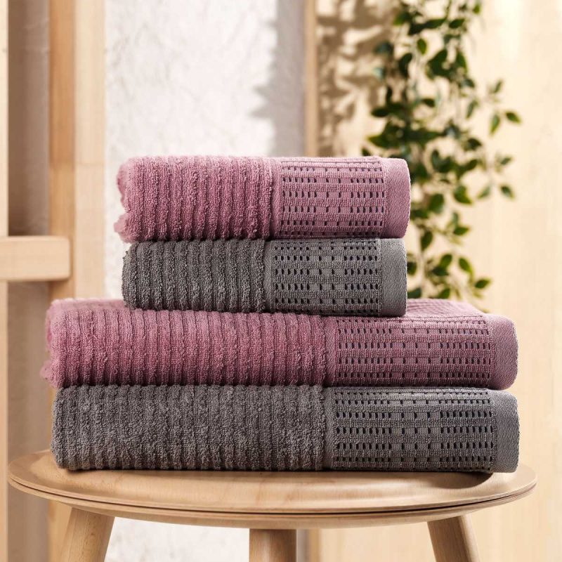 4 Parça Büyük Boy Banyo Havlu Takımı %100 Pamuklu Marena Antrasit Mürdüm