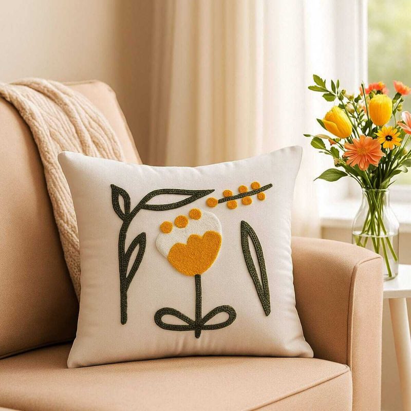 Mira Home Dekoratif Punch Sarı Lale Nakışlı Kırlent Kılıfı