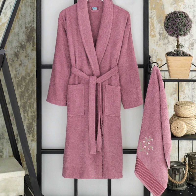 Kadın Havlulu Banyo Bornoz Takımı %100 Pamuklu Mürdüm