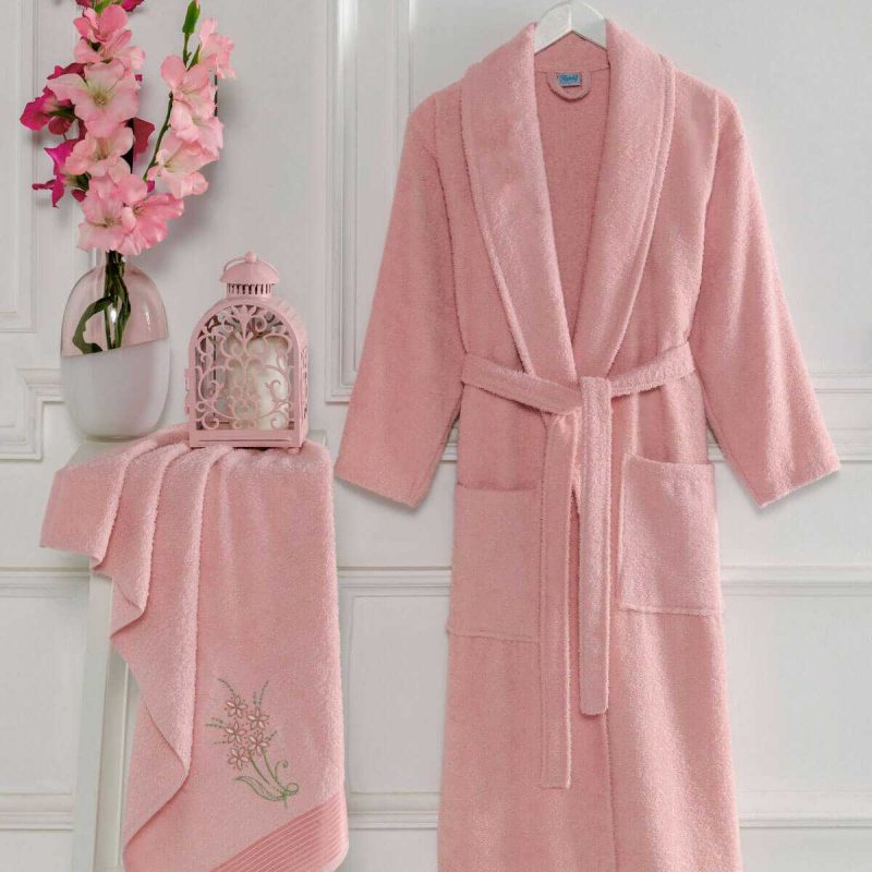 Kadın Havlulu Banyo Bornoz Takımı %100 Pamuklu Pembe