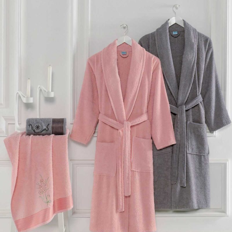4 Parça Aile Bornoz Seti Kadın Erkek Havlulu Bornoz Takımı Pembe Gri