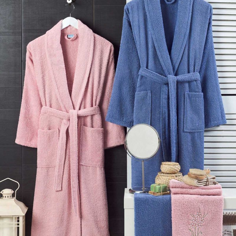 4 Parça Aile Bornoz Seti Kadın Erkek Havlulu Bornoz Takımı Lacivert Pembe