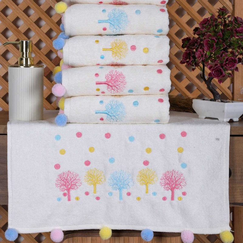 6 lı Renkli Ağaç Nakışlı El Yüz Havlu Seti Ponponlu Havlu Takımı 50 x 90 Cm