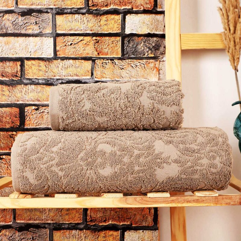 Mira Home 2 Parça Jakarlı Banyo Havlu Takımı Doku Desen Kahve
