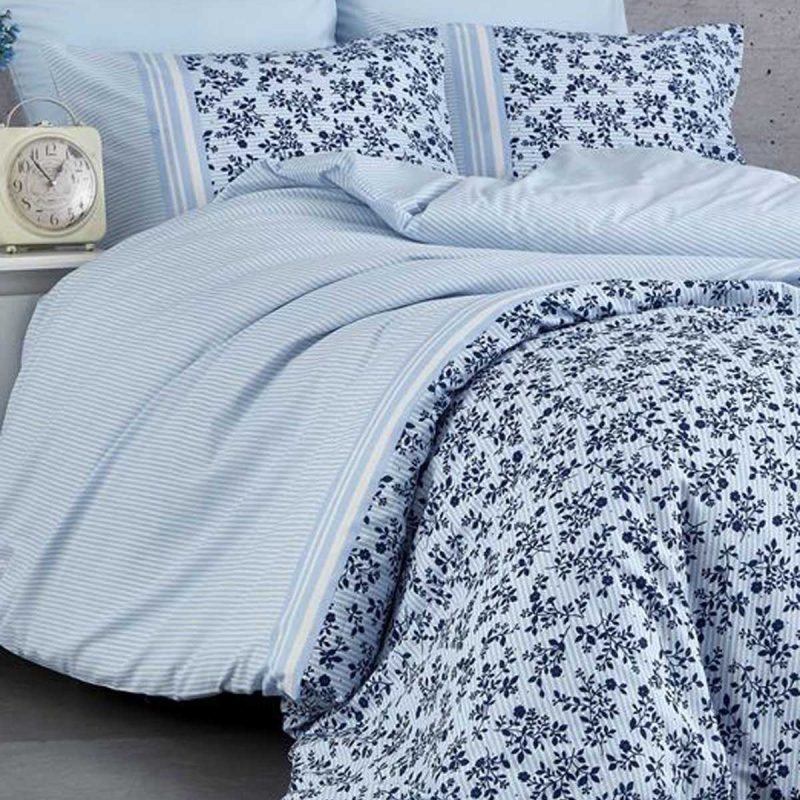 Çift Kişilik Nevresim Takımı Pamuklu Mavi Düş Çiçekleri