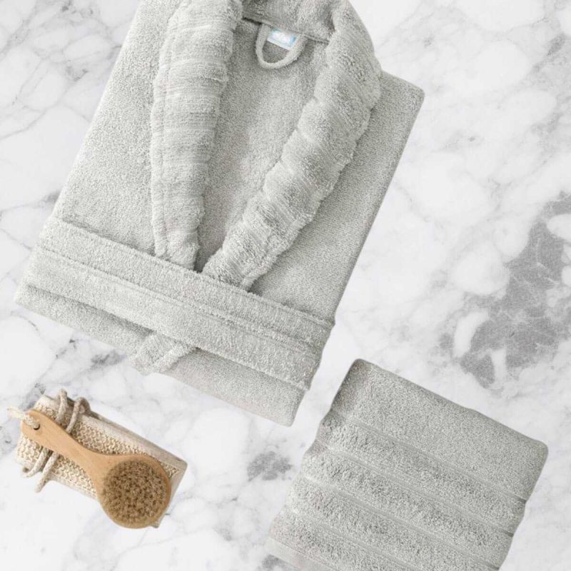AquaLoom Lüx Bornoz ve Havlu Seti %100 Pamuklu Açık Gri