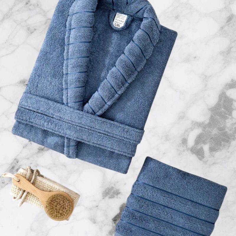 AquaLoom Lüx Erkek Bornoz ve Havlu Seti %100 Pamuklu Mavi