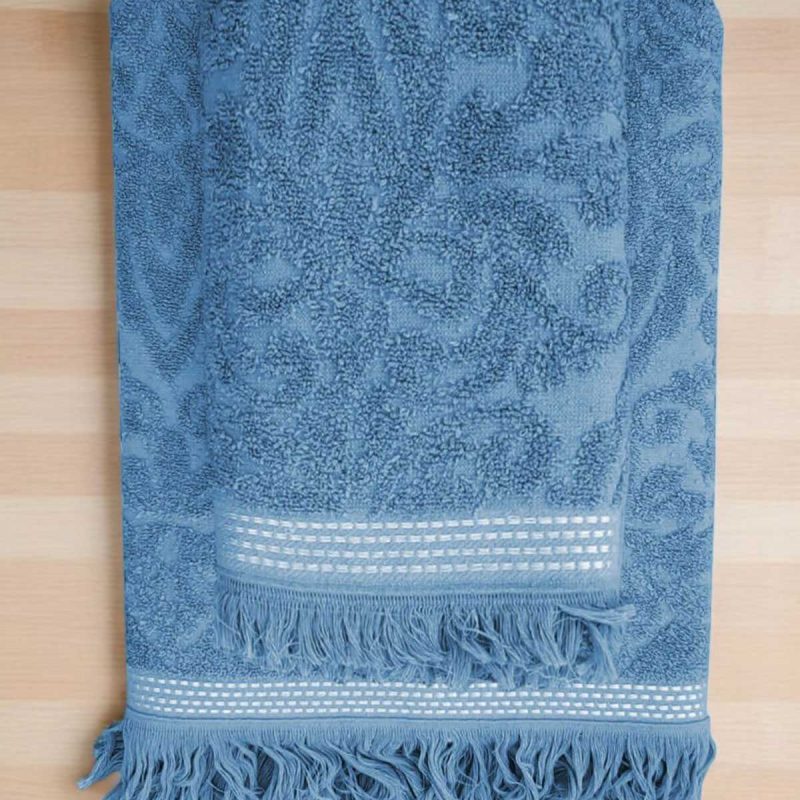 2 Parça Jakarlı Banyo Havlu Takımı %100 Pamuklu 90x150 Cm Arden Mavi