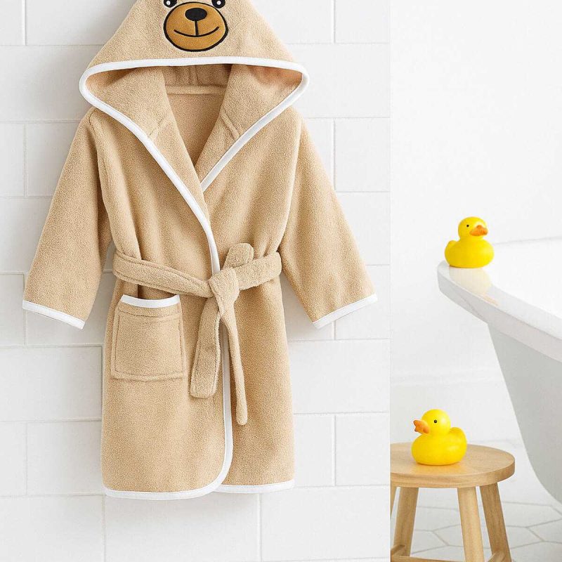 Kapşonlu Unisex %100 Pamuklu Çocuk Banyo Bornozu Bear