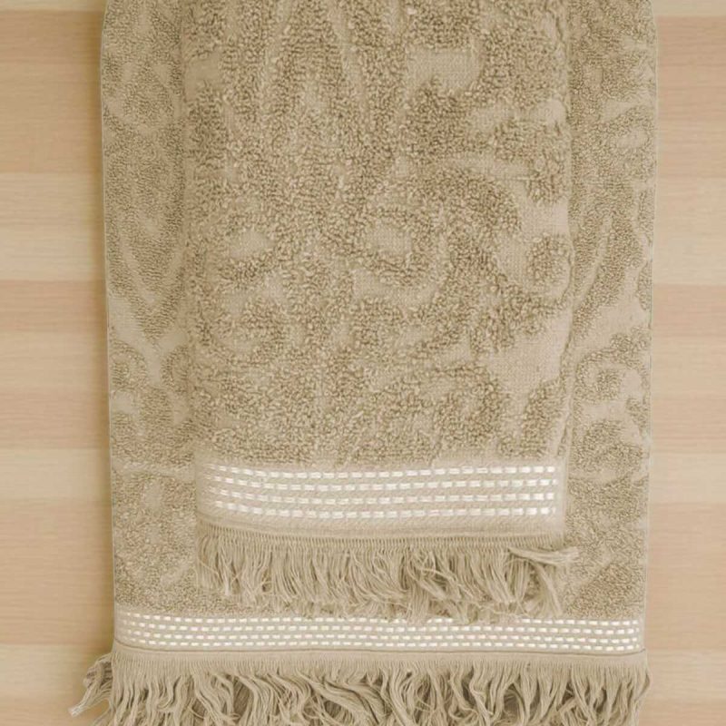 2 Parça Jakarlı Banyo Havlu Takımı %100 Pamuklu 90x150 Cm Arden Bej
