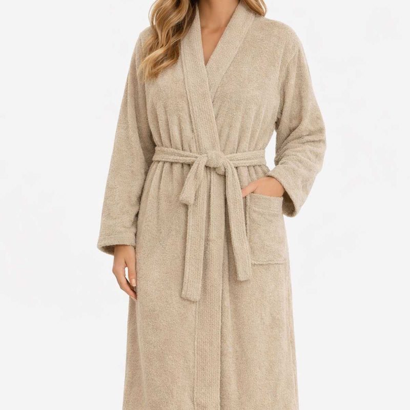 Kimono Yaka Unisex Pamuklu Tek Kişilik Bornoz Bej