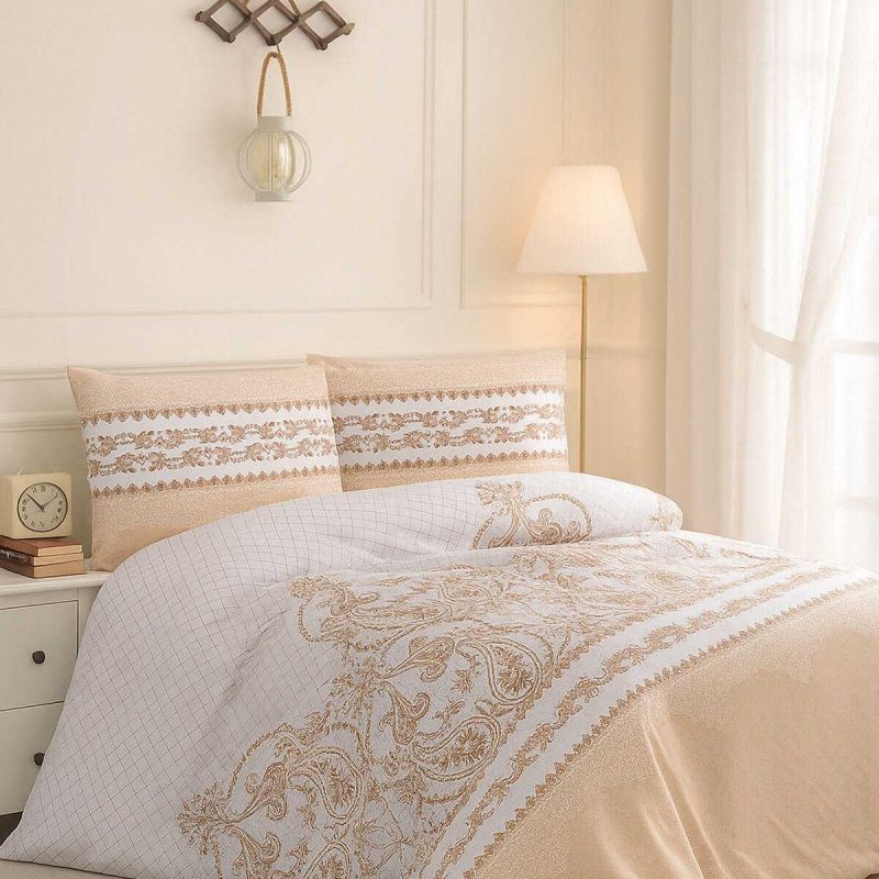 Çift Kişilik Pamuklu Nevresim Takımı Sarmaşık Bej