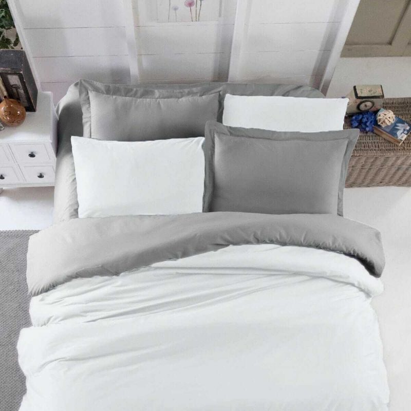 Çift Kişilik Lastikli Çarşaflı Nevresim Takımı Pamuklu Four Season Beyaz Gri