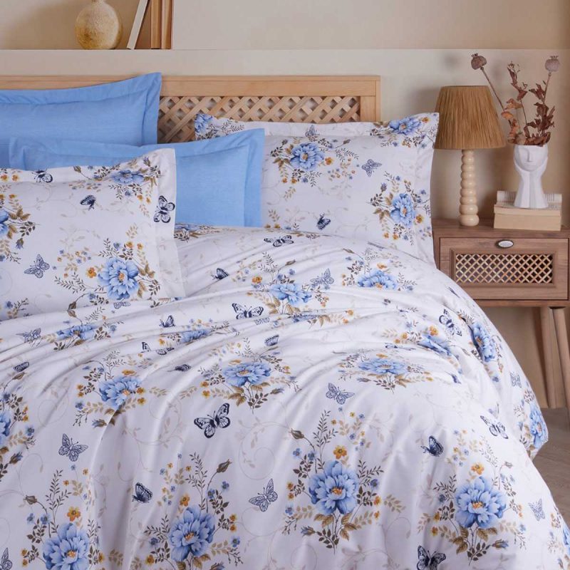 Çift Kişilik Nevresim Takımı Pamuklu Mavi Kelebek