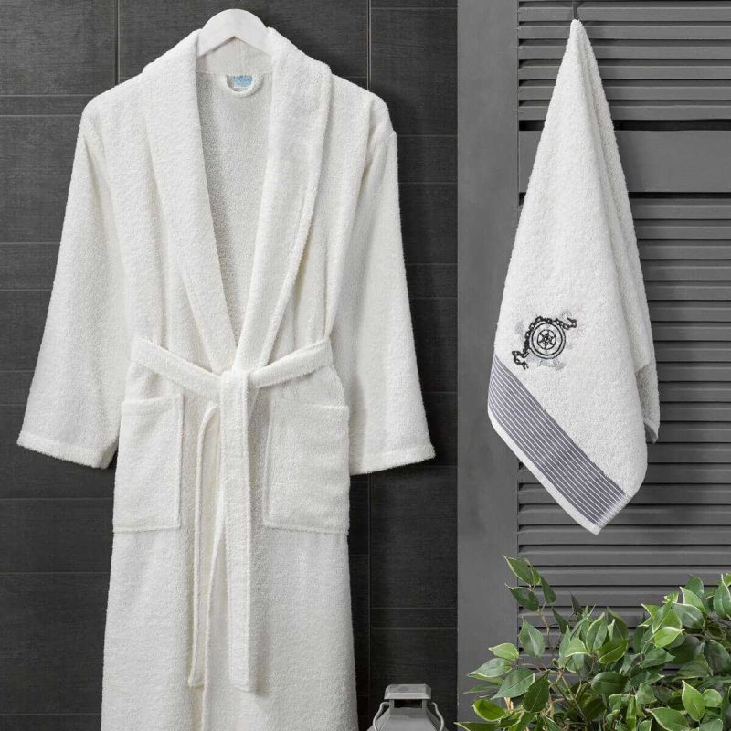 4 Parça Aile Bornoz Seti Kadın Erkek Havlulu Bornoz Takımı Beyaz Set