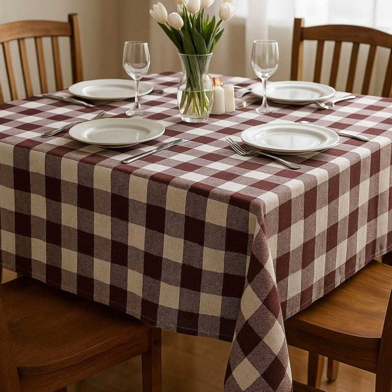 Fiber Kareli Masa Örtüsü Sofra Bezi Ekose Desen 160x160 Cm Bordo