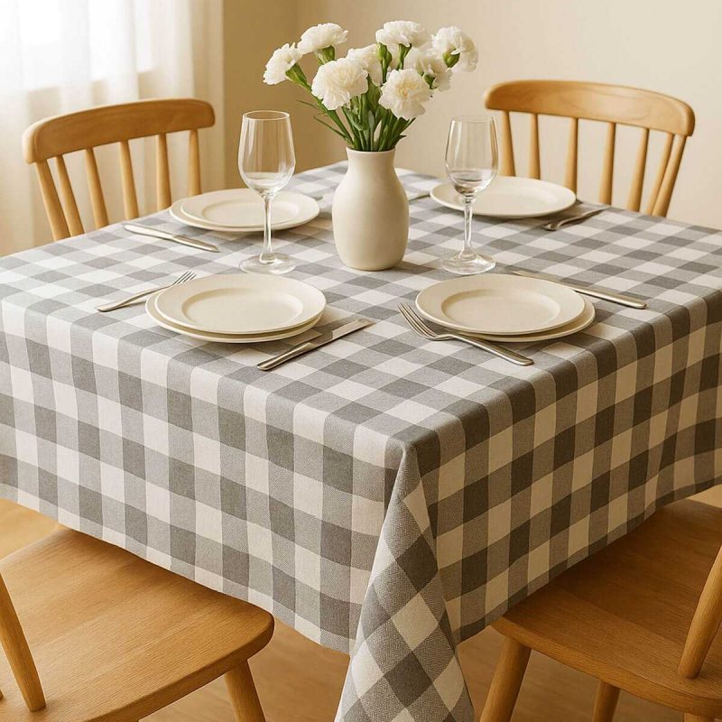 Fiber Kareli Masa Örtüsü Sofra Bezi Ekose Desen 160x160 Cm Gri