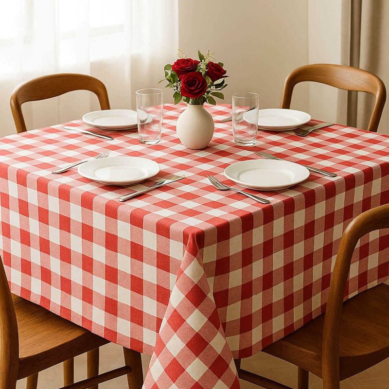 Fiber Kareli Masa Örtüsü Sofra Bezi Ekose Desen 160x160 Cm Kırmızı