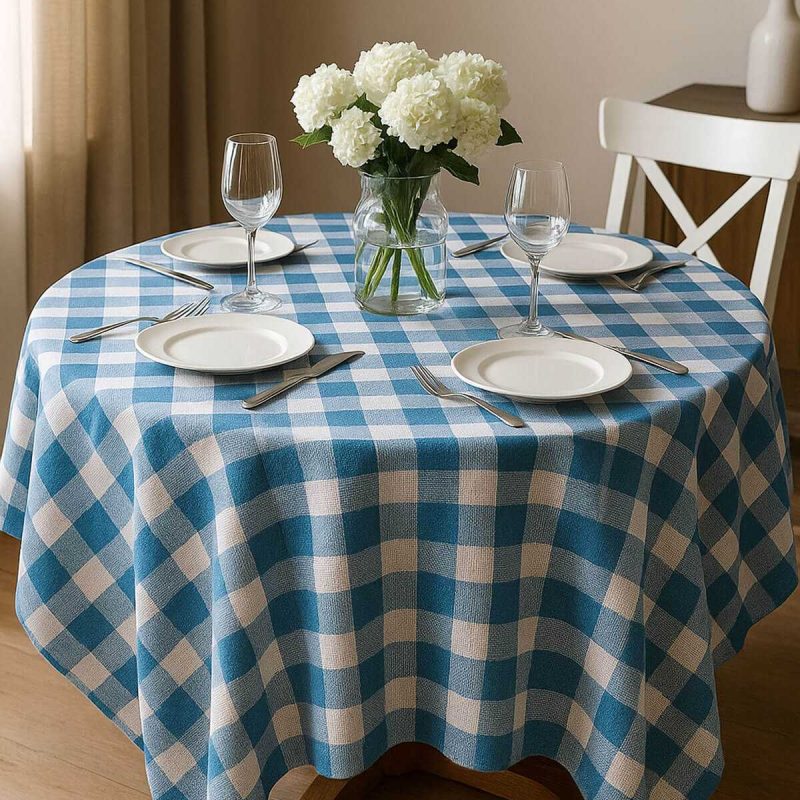 Fiber Kareli Masa Örtüsü Sofra Bezi Ekose Desen 160x160 Cm Turkuaz