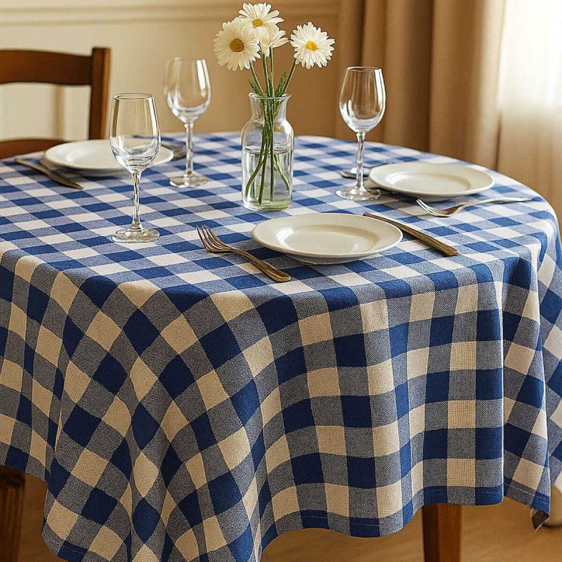 Fiber Kareli Masa Örtüsü Sofra Bezi Ekose Desen 160x160 Cm Mavi
