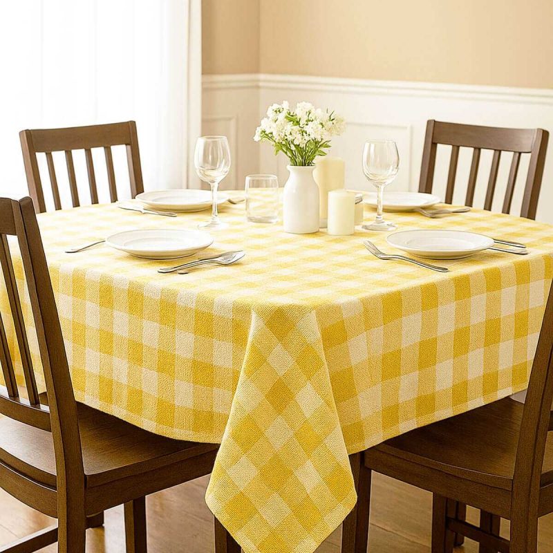 Fiber Kareli Masa Örtüsü Sofra Bezi Ekose Desen 160x160 Cm Sarı