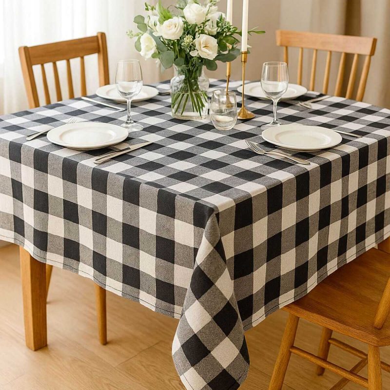 Fiber Kareli Masa Örtüsü Sofra Bezi Ekose Desen 160x160 Cm Siyah