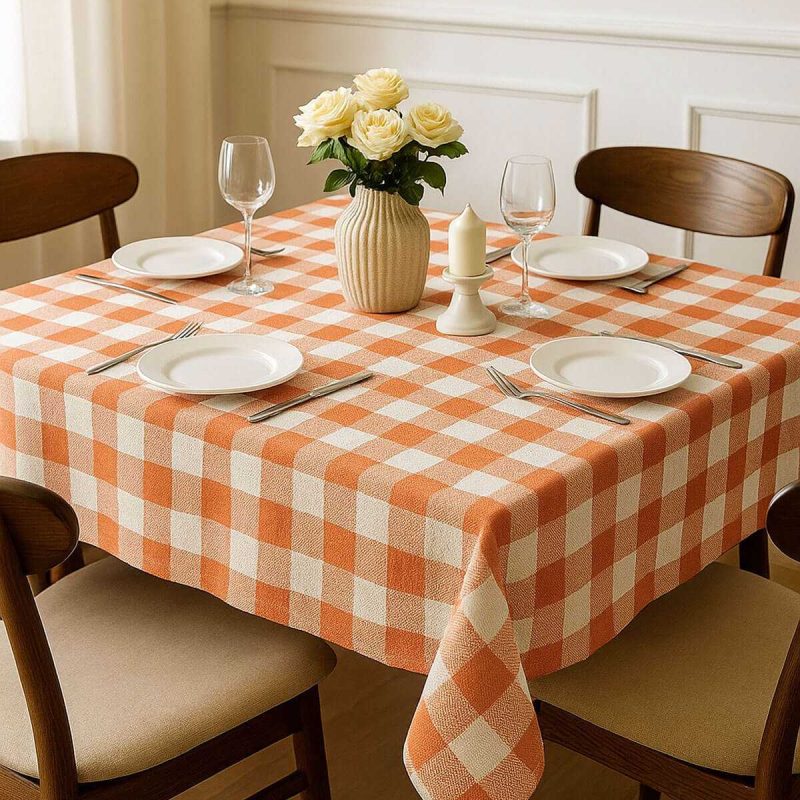 Fiber Kareli Masa Örtüsü Sofra Bezi Ekose Desen 160x160 Cm Turuncu