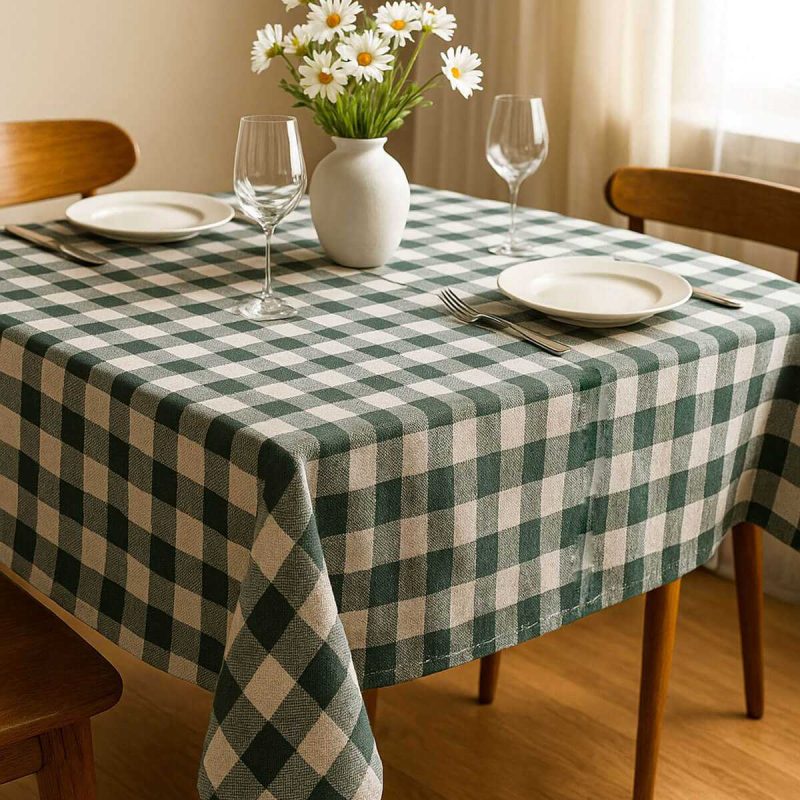 Fiber Kareli Masa Örtüsü Sofra Bezi Ekose Desen 160x160 Cm Yeşil