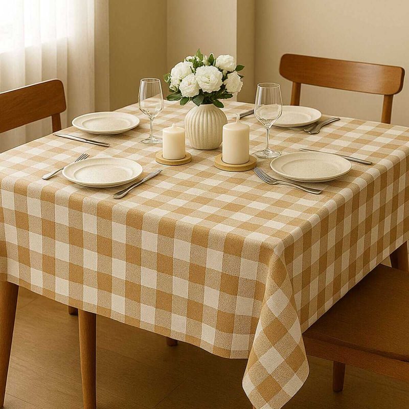 Fiber Kareli Masa Örtüsü Sofra Bezi Ekose Desen 160x160 Cm Bej