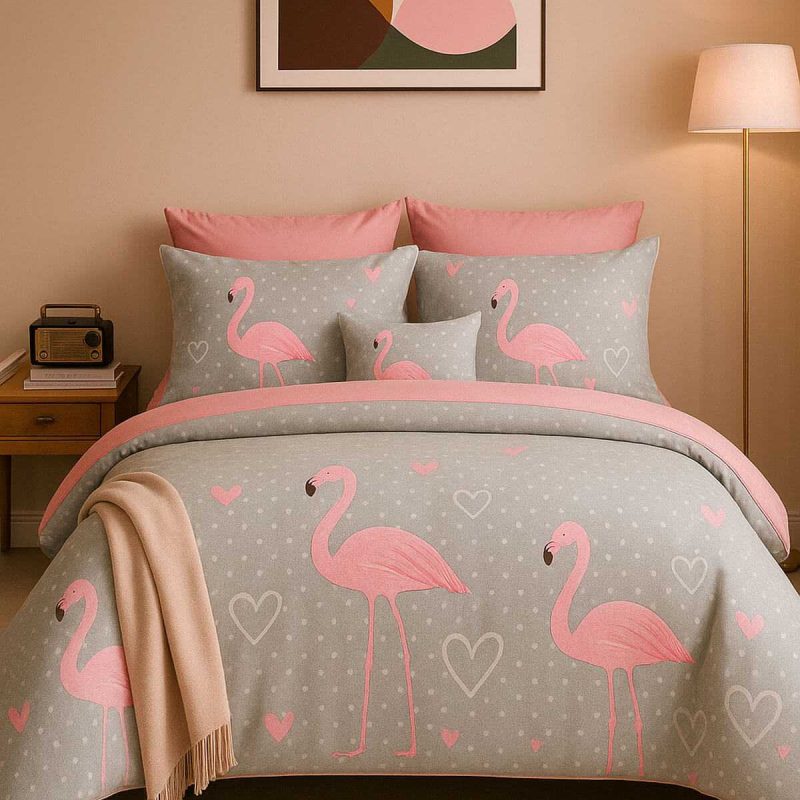 Çift Kişilik Pamuklu Nevresim Takımı Flamingo Love