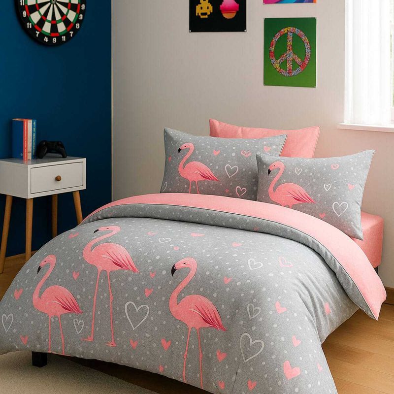 Flamingo Desenli  Pamuklu Tek Kişilik Nevresim Takımı