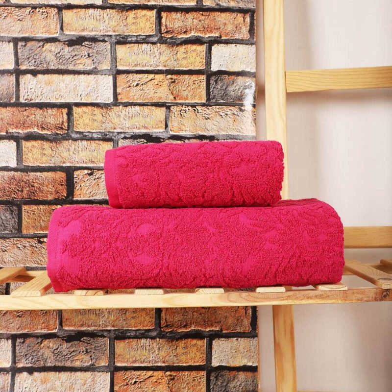 Mira Home 2 Parça Jakarlı Banyo Havlu Takımı Doku Desen Fuşya