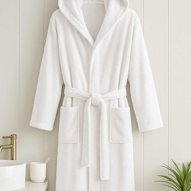 Beyaz Gramajlı Kapşonlu Garson Boy Çocuk Banyo Bornozu