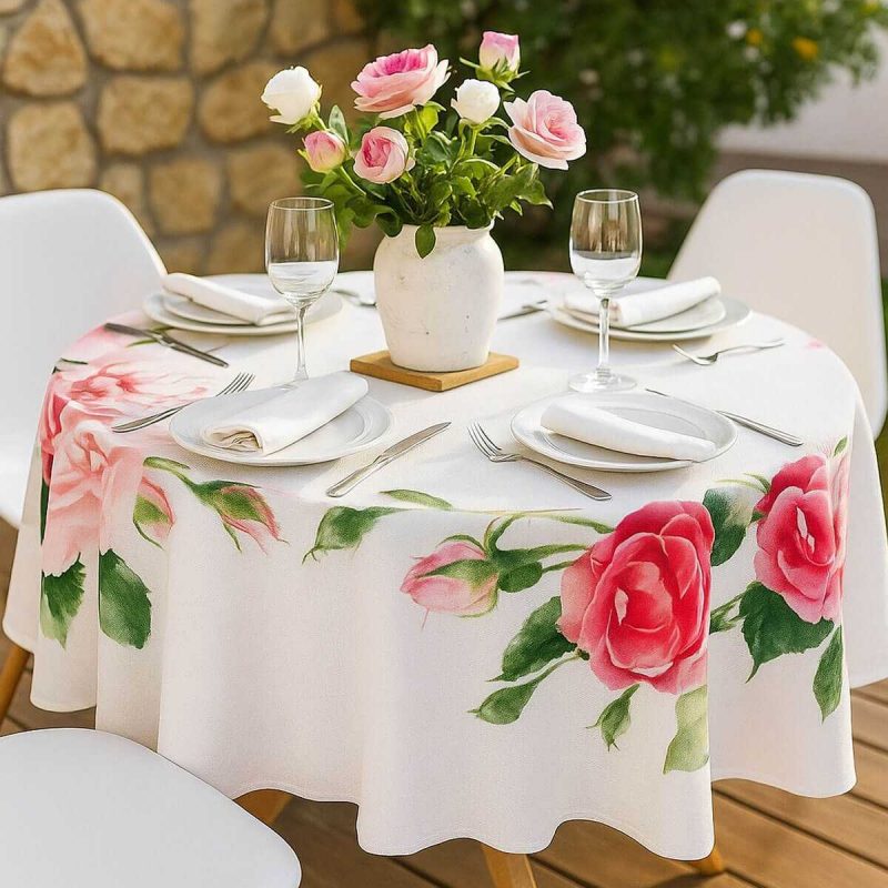 Yuvarlak Gül Desenli Duck Kumaş Masa Örtüsü 150x150 Cm